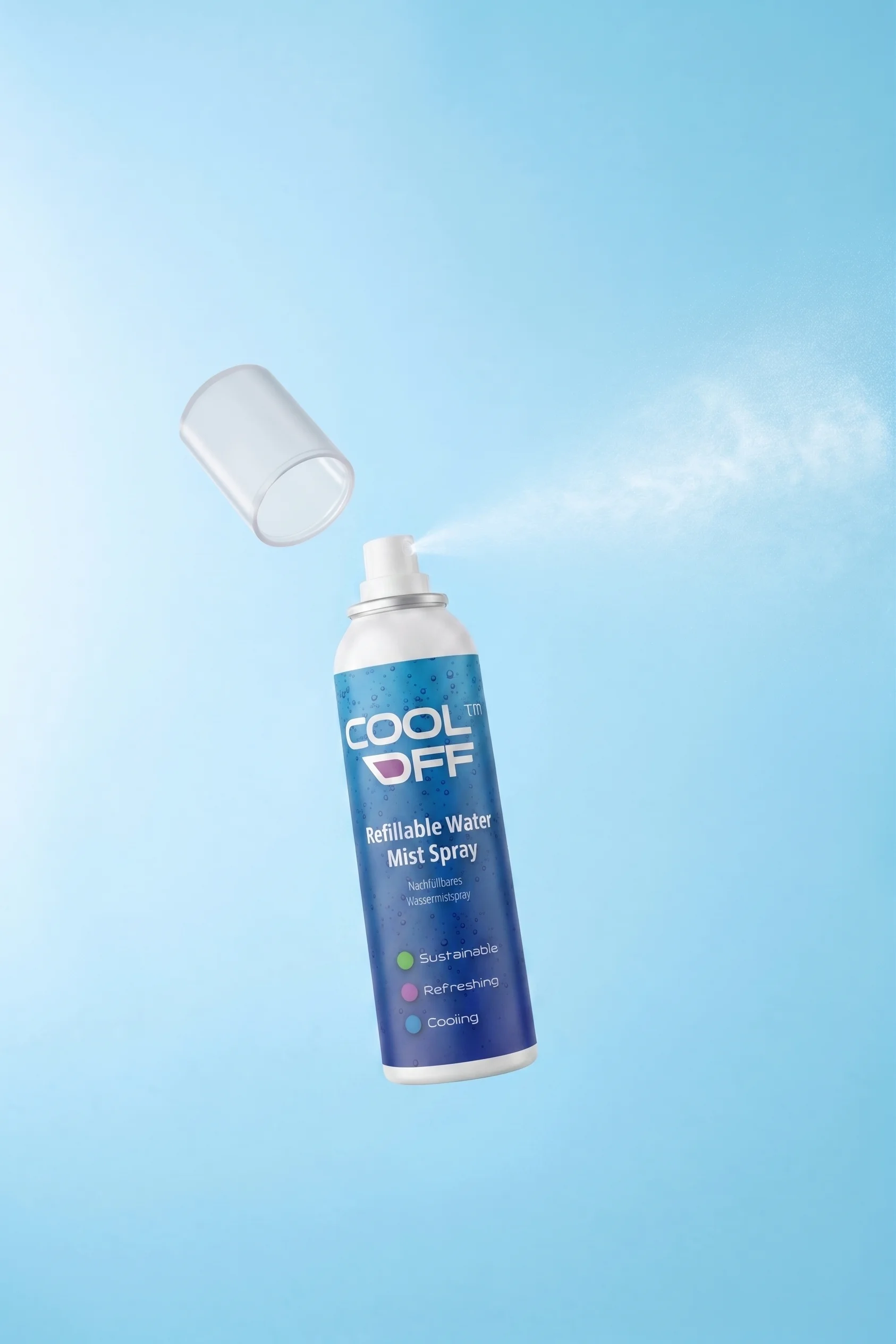 flying CoolOff Watermist Spray in front of a blue sky and the water dust spray is visible