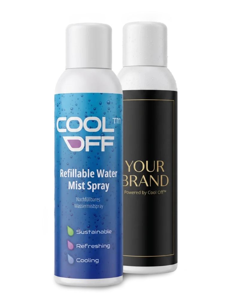 Cool Off Water Mist Spray for ccoling off in summer two spray cans showing white label opportunity
